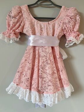 Pink Lace Puff-Sleeve Babydoll Sparkly Sequin Top with Big Bow